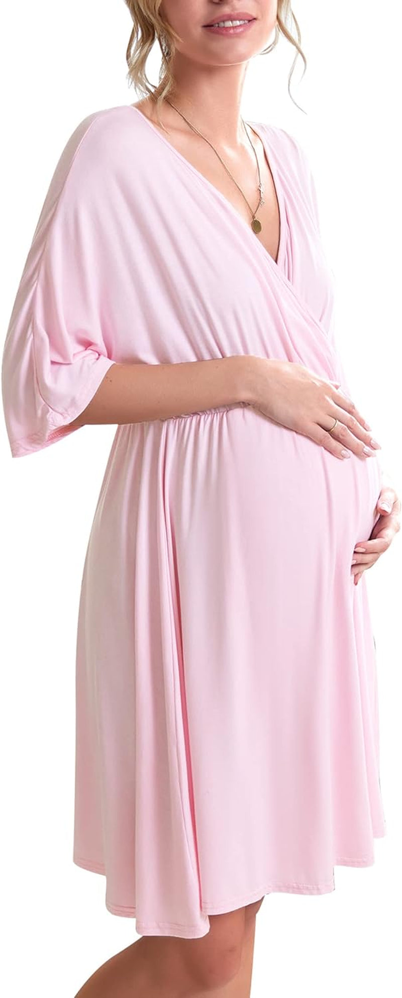 3 in 1 Labor/Delivery/Hospital Gown Maternity Dress Nursing Nightgown Sleepwear for Breastfeeding, Light Pink, Small