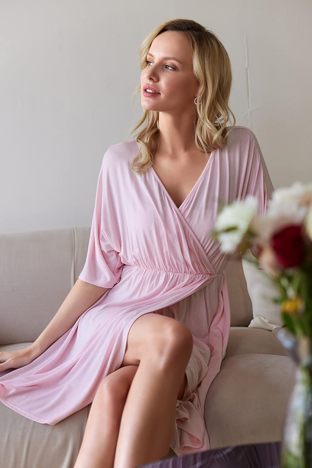 3 in 1 Labor/Delivery/Hospital Gown Maternity Dress Nursing Nightgown Sleepwear for Breastfeeding, Light Pink, Small