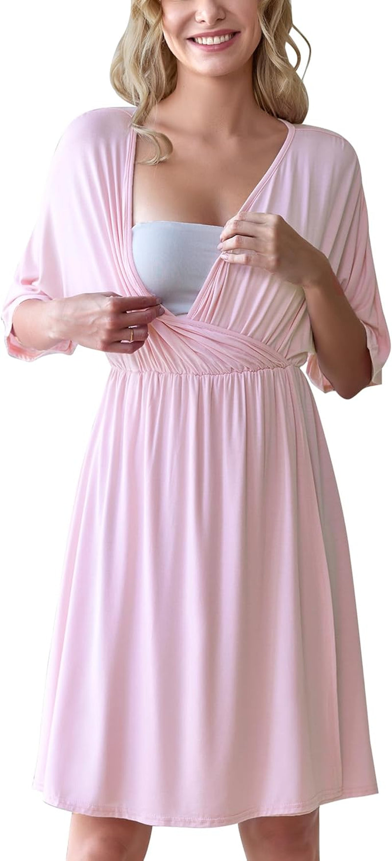 3 in 1 Labor/Delivery/Hospital Gown Maternity Dress Nursing Nightgown Sleepwear for Breastfeeding, Light Pink, Small