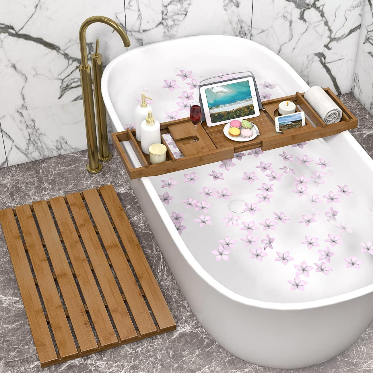 Bathtub Caddy Tray Expandable Bamboo Bath Tub Tray for Luxury Bath with Book Holder Free Soap Dish Brown